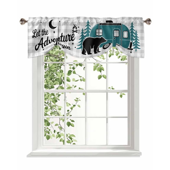 Camper Van Bear Tie Up Valances Curtain, Let The Adventure Begin Moon Gray Plaid Kitchen Valances for Windows Decor, Rod Pocket Short Curtains Set for Bedroom/Bathroom, 42"x12"