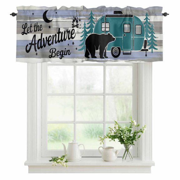 Camper Van Bear Valances for Windows, Rod Pocket Kitchen Valance Curtains - Soft & Washable Small Window Treatment for Living Room, Bathroom, Let The Adventure Begin Moon Flame Wood 42x12inch