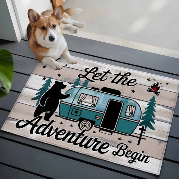 Camper Van Bear Washable Area Rug 2x3 Let The Adventur Vintage Wood Grain Low-Profile Area Rugs with Non Slip Backing Indoor Floor Carpet for Entrance Living Room Bedroom Home Office