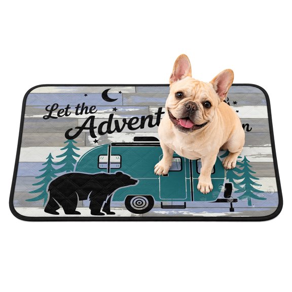 Camper Van Bear Washable Pee Pads for Dogs, Let The Adventure Begin Moon Flame Wood Reusable Puppy Pads Waterproof Pet Mat, Absorbent Dog Pee Pads for Crate Pet Training Whelping Playpen Mats 24"x18"
