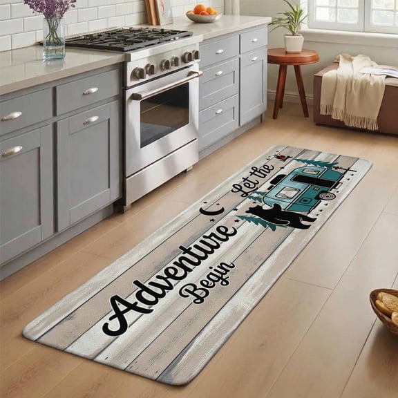 Camper Van Bear Washable Runner Rug 3X7 ft Let The Adventur Vintage Wood Grain Non-Slip Hallway Runner Rug, Linen Kitchen Runner Mats, Indoor Floor Carpet for Entryway Bathroom Bedroom Living Room