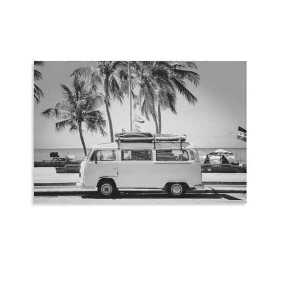 Camper Van Black Palm Tree Coastal Travel Black And White Canvas Art Poster And Wall Art Picture Print Modern Family Bedroom Decor Posters,Unframe-style,24x36inch(60x90cm)
