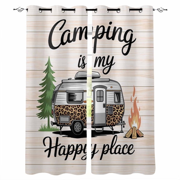 Camper Van Blackout Curtains for Bedroom/Living Room, Thermal Insulated Kitchen Curtains, Modern Vintage Camping Beige Wooden Grommet Darkening Window Treatment Drapes 52"x84"x2
