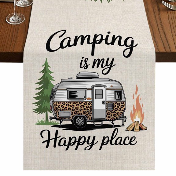 Camper Van Burlap Cotton Table Runner 13x36 Inches Short, Modern Vintage Camping Burlap Rustic Farmhouse Table Runners, Outdoor Dining Tablecloths Decor for Baby Shower/Party/Wedding