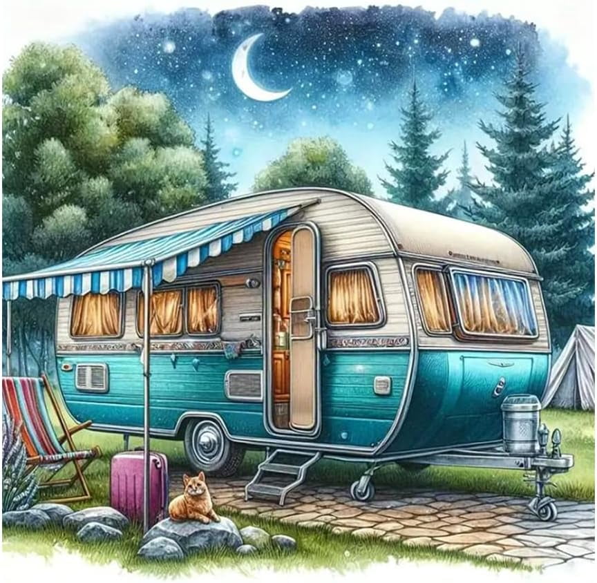 Camper Van Diamond Art Kits for Adults - 5D Full Drill Round Diamond Painting Kit for Beginners, DIY Gem Art for Home Wall Decor & Gift 12x12 Inch