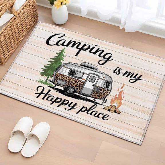 Camper Van Entryway Rug 2'x3' Non Slip Front Door Mats, Modern Vintage Camping Beige Wooden Entrance Rugs Indoor Outdoor Carpet, Washable Floor Mats Small Area Rug for Bedroom Kitchen