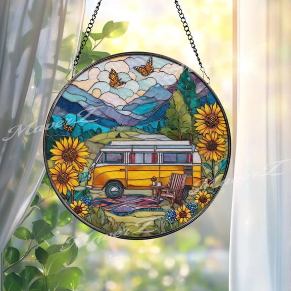 Camper Van Glass Suncatcher, Sunflower Mountain Window Decor, Adventure Gift, 7.9 in