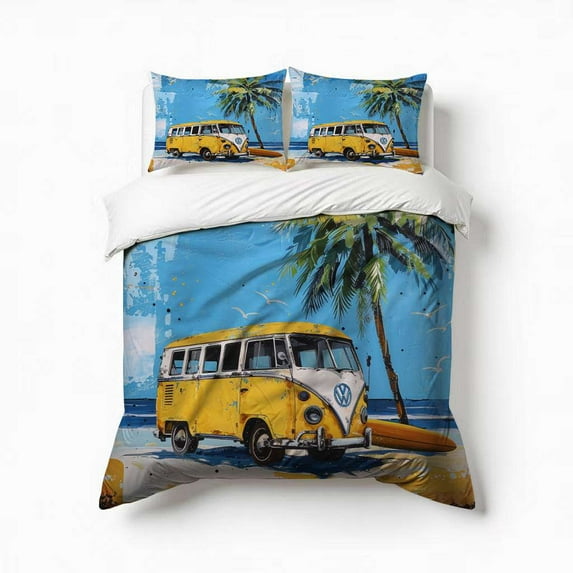Camper Van Palm Trees Bedding Set 3 Pcs Soft Microfiber Quilt Cover For Bedroom Decor, Comforter Cover With 2 Pillowcase