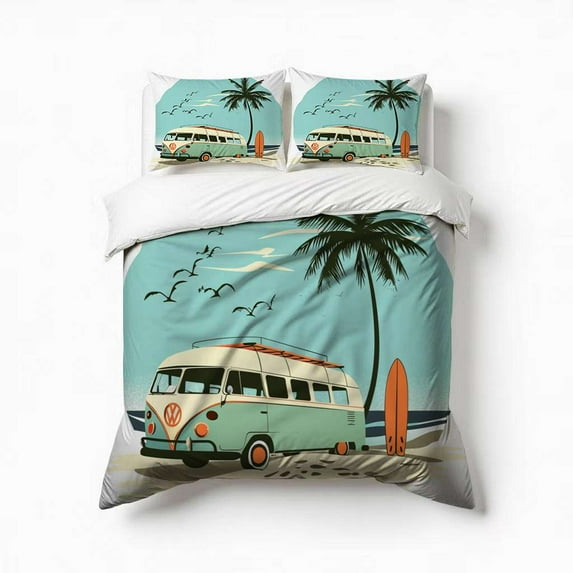 Camper Van Palm Trees Bedding Set 3 Pcs Soft Microfiber Quilt Cover For Bedroom Decor, Comforter Cover With 2 Pillowcase
