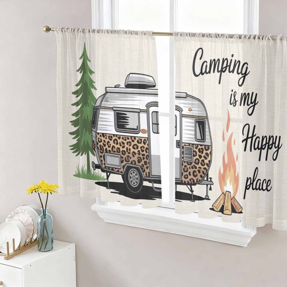 Camper Van Sheer Curtains 45 Inch Length 2 Panels Set, Modern Vintage Camping Burlap Rustic Voile Window Treatment Rod Pocket Small Kitchen Curtains Drapes for Bedroom 52"x45"x2