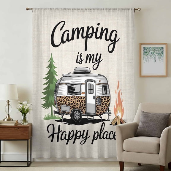 Camper Van Sheer Curtains 45 Inches Long for Bedroom, Modern Vintage Camping Burlap Rustic Light Filtering Privacy Drapes, Breathable Semi Sheer Short Window Treatment for Kitchen Cafe Bathroom