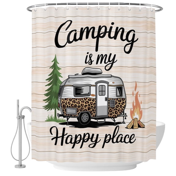 Camper Van Shower Curtain Set - Extra Long 72" x 96" Washable Bathtub Curtain with 12 Hooks, Modern Vintage Camping Beige Wooden Waterproof Fabric Stall Shower Curtains for Bathroom/Bathtub Décor