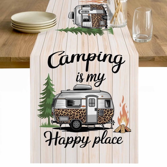 Camper Van Table Runner - 36 Inch Long Modern Vintage Camping Beige Wooden Cotton and Linen Blended Dress Scarves Farmhouse Table Runner for Kitchen Dining, Coffee Table, 13" x 36"