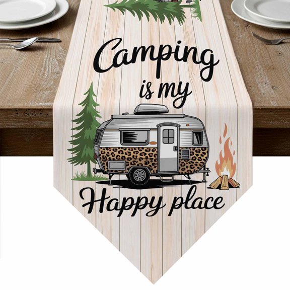Camper Van Table Runner Linen Burlap Table Runner 36 Inches Small Modern Vintage Camping Beige Wooden Dresser Scarves for Kitchen Island Coffee Dining Room Party Wedding Banquet Holiday Decor 13"x36"
