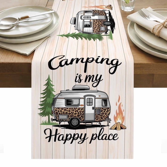 Camper Van Table Runner Modern Vintage Camping Beige Wooden Tablerunners 18 x 72 Inch, Table Decorations Tabletop Scarf for Summer Gathering Holiday Farmhouse Kitchen Dining Decor