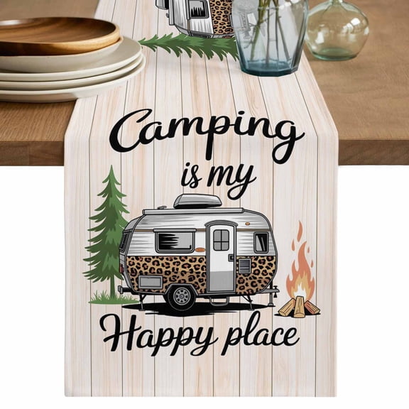 Camper Van Table Runner, Modern Vintage Camping Beige Wooden Washable Cotton Linen Table Runners 36 Inches Long, Dresser Scarf Runner for Nightstand/End Tables/Round Tables 13''x36''