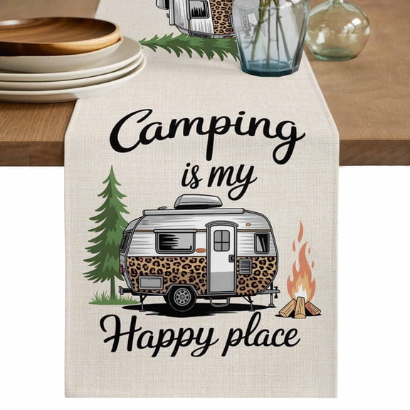 Camper Van Table Runner, Modern Vintage Camping Burlap Rustic Washable Cotton Linen Table Runners 48 Inches Long, Dresser Scarf Runner for Nightstand/Coffee/End Tables 13''x48''