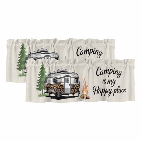 Camper Van Valances for Windows, Modern Vintage Camping Burlap Rustic Light Filtering Kitchen Curtains, Rod Pocket Window Valance Curtains for Living Room Bedroom, 42" W x 12" L, 2 Panels