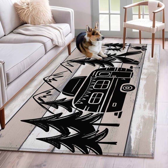 Camper Washable Area Rug 2.7x5 Mountain Pine Trees Tent Forest Rustic Nature Low-Profile Small Area Rugs with Non Slip Backing Indoor Floor Carpet for Entrance Living Room Bedroom Home Office