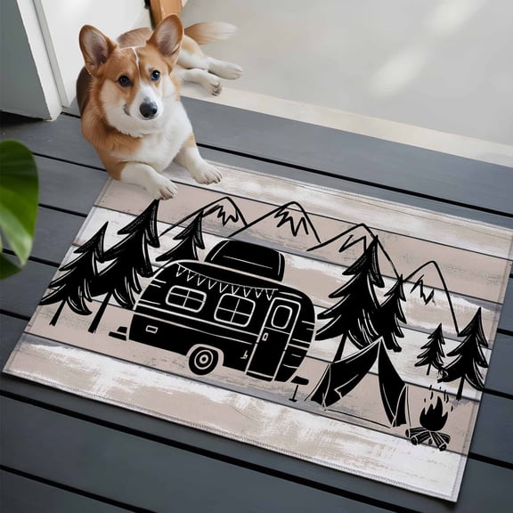Camper Washable Entry Rug 2x3 Mountain Pine Trees Tent Forest Rustic Nature Low Pile Indoor Door Mat with Rubber Backing Thin Area Rug for for Entrance, Bedroom, Kitchen, Laundry, Bathroom