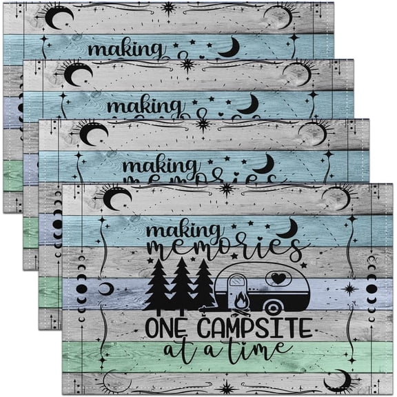 Camper Waterproof Placemats,Happy Camping Themed Table Mats for Dining Table,Camper Rv Accessories Placemats for Kitchen Table,Wooden Farmhouse Place Mats,Moon Stars Starry Sky Placemats 12X18