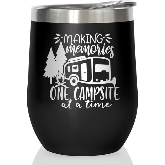 Camper Wine Tumbler Coffee Mug, Camping Gifts Cup Stemless Tumblers with Lid Stainless Steel Insulated Vacuum 12 Oz, Gifts for Camping Lover RV Gifts, Making Memories One Campsite At A Time
