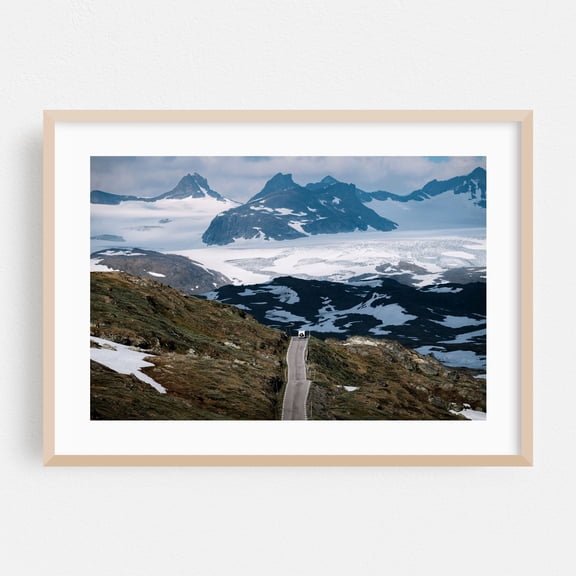 Camper following the Path to the Peaks - Norway Photography Landscape Mountain Nature Snow Scenic Wilderness Travel Poster Oak Framed Wall Art Print 16 x 24 inches