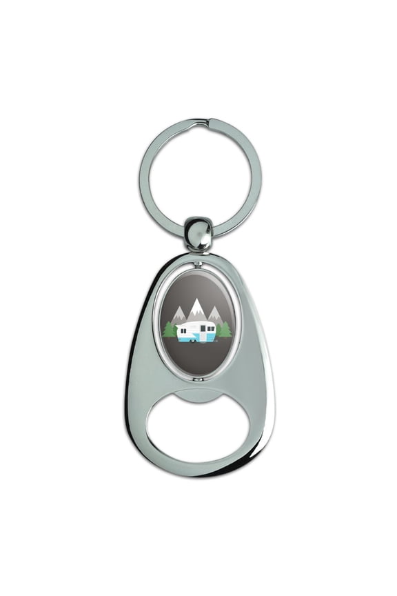 Camper in the Mountains Keychain Chrome Metal Spinning Oval Bottle Opener