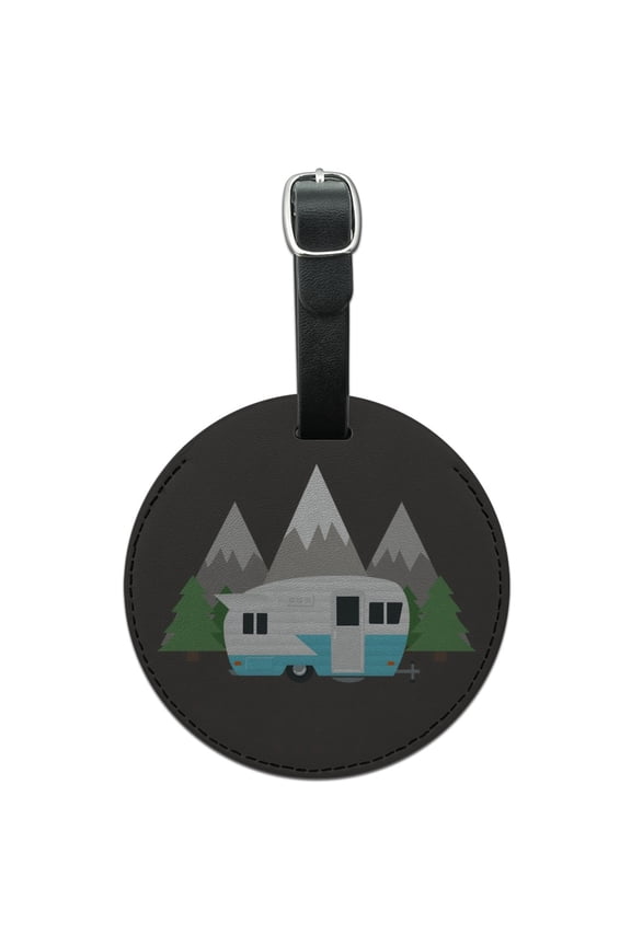 Camper in the Mountains Round Leather Luggage Card Suitcase Carry-On ID Tag