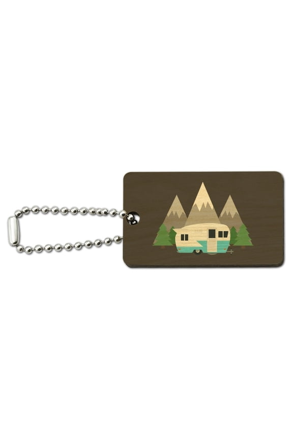 Camper in the Mountains Wood Wooden Rectangle Keychain Key Ring