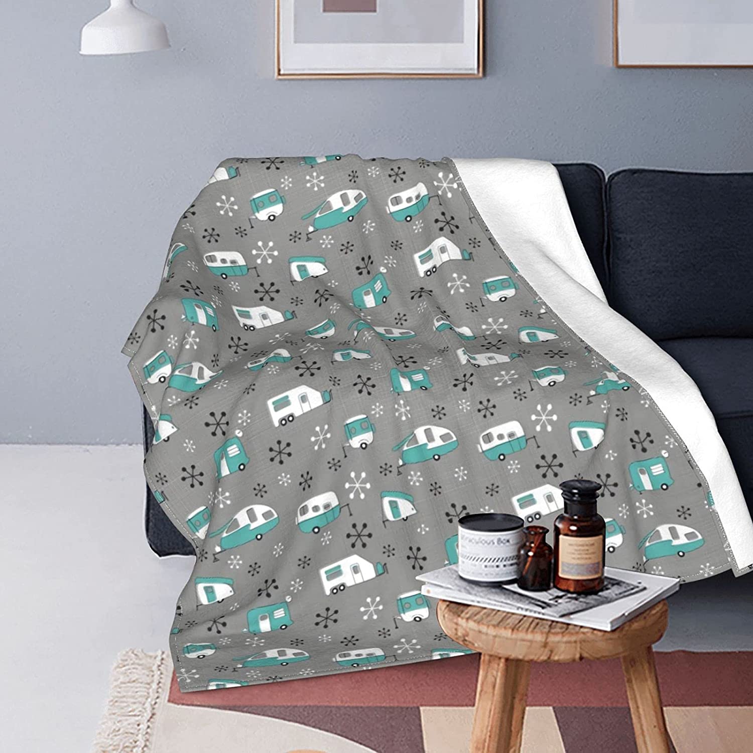 Campers Bus Turquoise Fleece Throw Blanket for Couch Sofa or Bed Throw