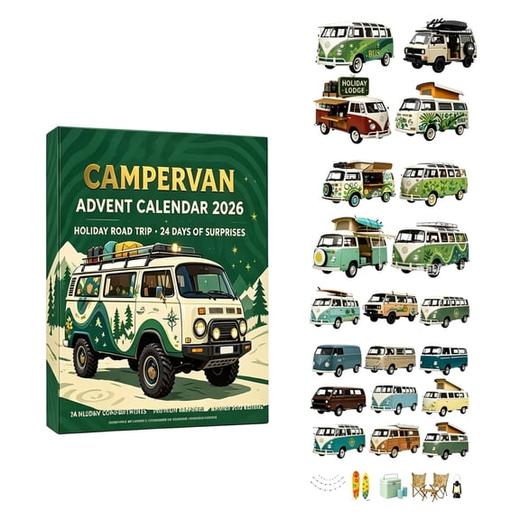 Campervan Advent Calendar 2026, 24 Days of Holiday Road Trip with 2D Acrylic Outdoor Van Ornaments, Nature Explorer Pendant Set, Mystery Gift Box for Kids, Adults & Travel Lovers