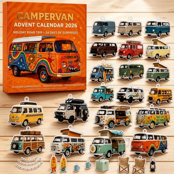 Campervan Advent Calendar 2026, 24 Pieces, Unique Retro Designs, 24 Layered Acrylic Campervans, Retro Road-Trip Designs, Christmas Countdown & Desktop Display