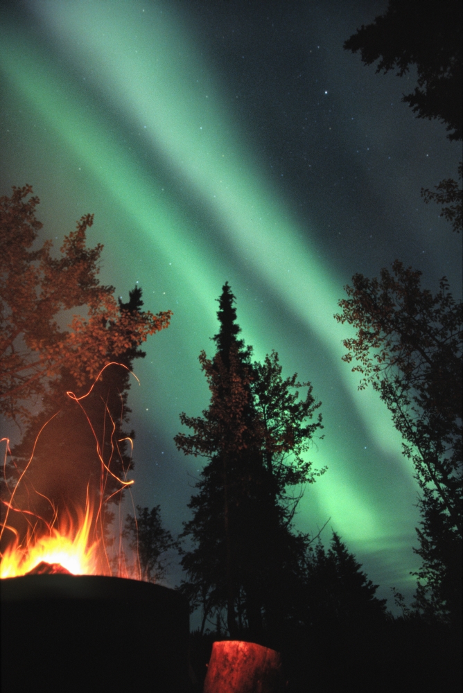 Campfire And Northern Lights Yukon Canvas Art - Robert Postma Design Pics (11 x 17)