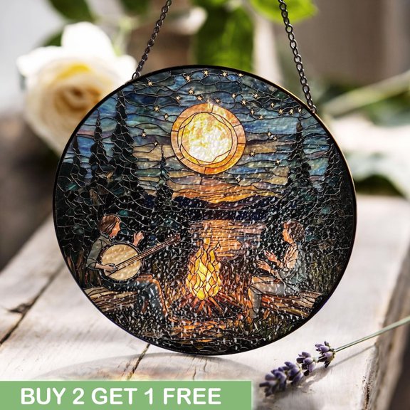 Campfire Banjo Music Stained Glass, Nature Lover Stained Glass Art Decor, Outdoor Hiking Enthusiast Gift, Forest Night Scene Ornament