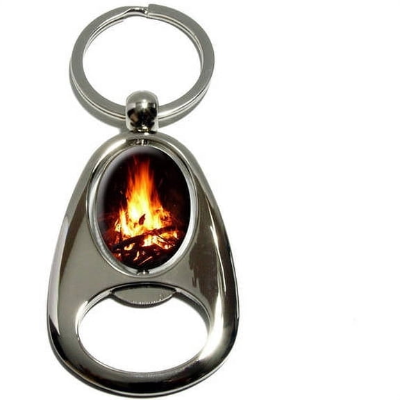 Campfire, Camp Camping Fire Pit Logs Flames, Chrome Plated Metal Spinning Oval Design Bottle Opener Keychain Key Ring