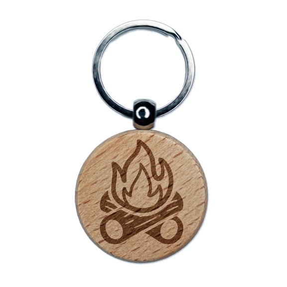 Campfire Cartoon Round Keychain Charm Tag - Engraved Wood