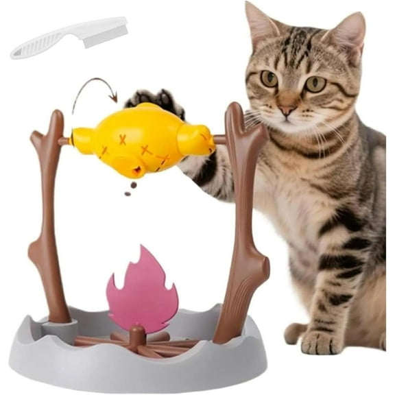 Campfire Cat Feeder, Cat Campfire Treat Slow Feeder, Grilled Chicken Thigh 360° Rotating Leaky Toy with 3 Food Outlet, Durable,Puzzle,Easy to Clean, for Cats and Dogs