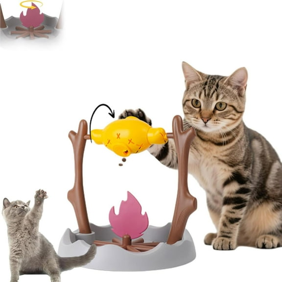 Campfire Cat Feeder, Cat Interactive Snack Dispenser,Slow Feeding/Educational/Exercise,Slow Food,Grilled Chicken Thigh 360 Rotating Leaky Toy,Durable Pet Training Toy for Cat & Dog ,Easy to Clean