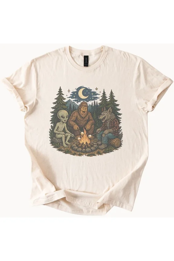 Campfire Creatures Graphic Tee Whimsical Est Night Scene Natural Shirt Size S-5Xl Heygategoo Tee