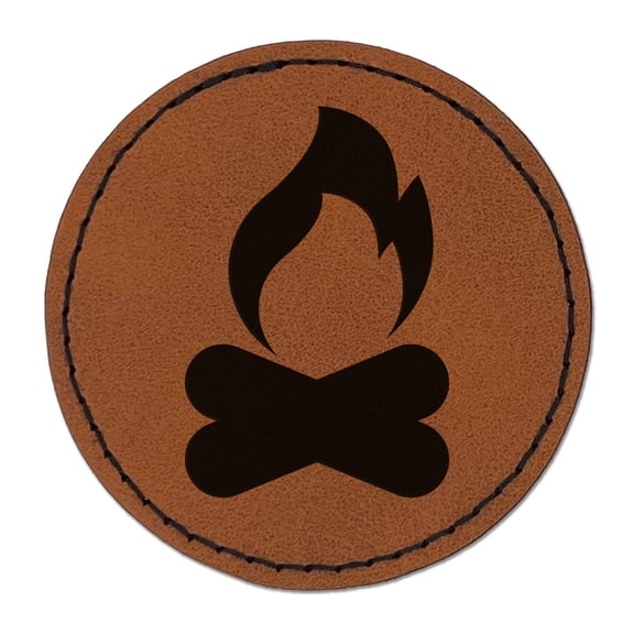 Campfire Fire Symbol 2.5" Faux Leather Round Engraved Iron-On Patch - Brown