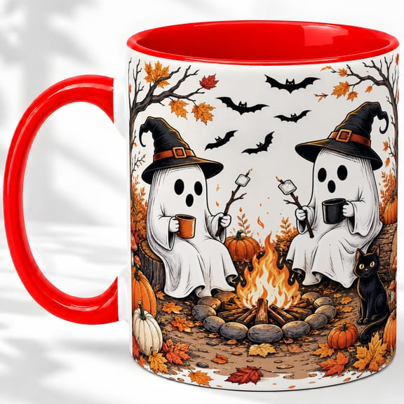 Campfire Ghost Accent Mug, 11oz Ceramic Coffee Cup for Halloween