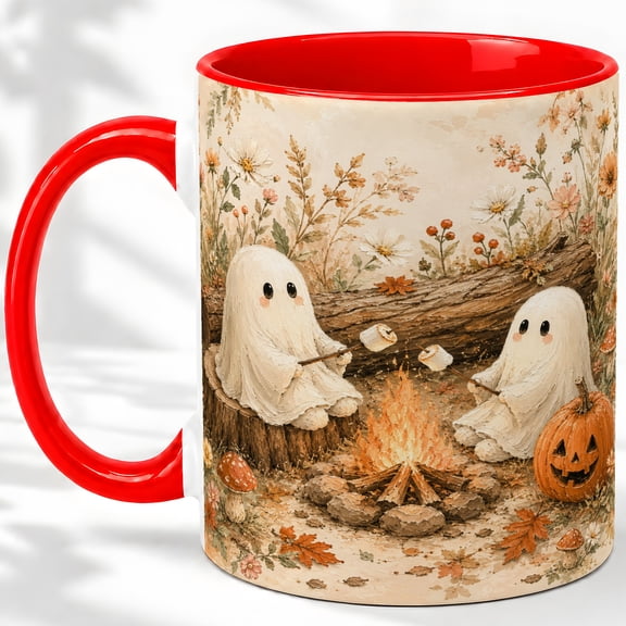 Campfire Ghost Fall Accent Mug, 11oz Ceramic Coffee Cup for Ghost Fans Ceramic mug featuring campfire ghosts with marshmallows and pumpkin art for coffee or tea