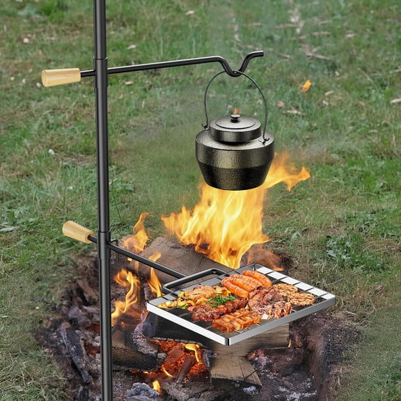 Campfire Grill Grate for Fire Pit | Adjustable Swivel Handle, Heavy Duty Steel Stake Grill, Portable Outdoor Cooking Equipment for Camping BBQ