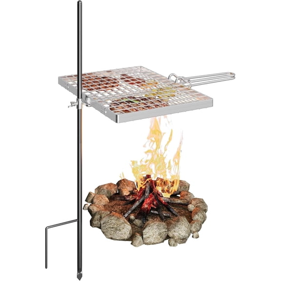 Campfire Grill Stake & Grill, Reversible Campfire Grill, Heavy Duty Steel Grate, Fire Pit Grill Grate Over Fire Pits, Campfire Grill Grate for Outdoor Open Fire Cooking Equipment, Silver