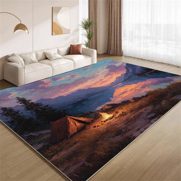 Campfire Lake Area Rugs, Mountain Lake Campfire Picnic Carpet, Washable Non Slip Low Pile Soft Rug for Living Room Bedroom Entryway Decor Mat 5ftx8ft