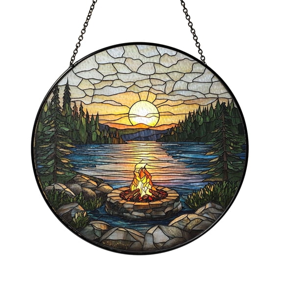 Campfire Lake Stained Glass Window Panel – Decorative Window Accent