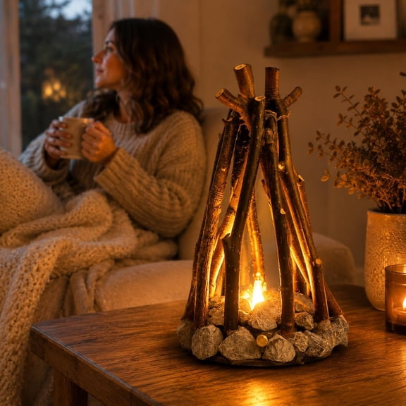 Campfire Lamp, Wooden Flame Lamp with Crackling Sound, USB Rechargeable Rustic Camping Decor Light with Touch Control for Indoor Outdoor Use,Small
