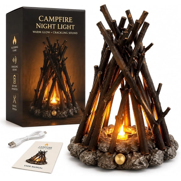 Campfire Lamp with Crackling Sound,5.9*9.4 in Battery Operated Wooden LED Light, Realistic Flickering Flame Effect for Indoor Home Party Decor