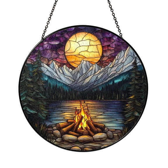 Campfire Landscape Stained Glass Window Panel – Decorative Accent